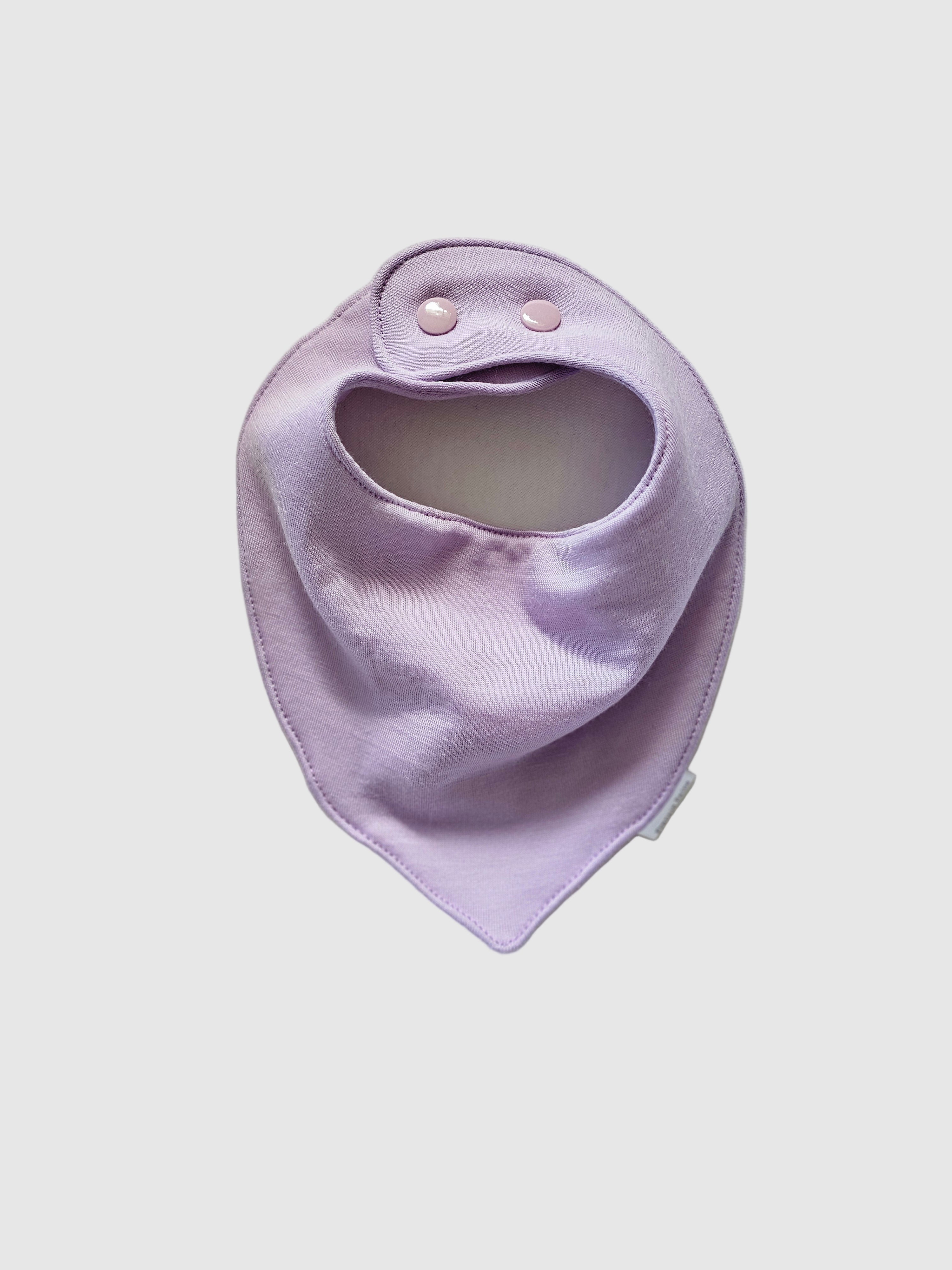 Lilac merino baby bib, product shot on white background.
