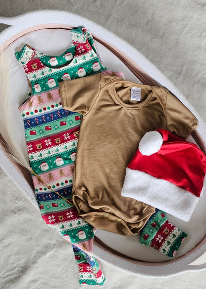 Baby outfit with brown onesie, Santa hat, and colorful leggings on a white surface.