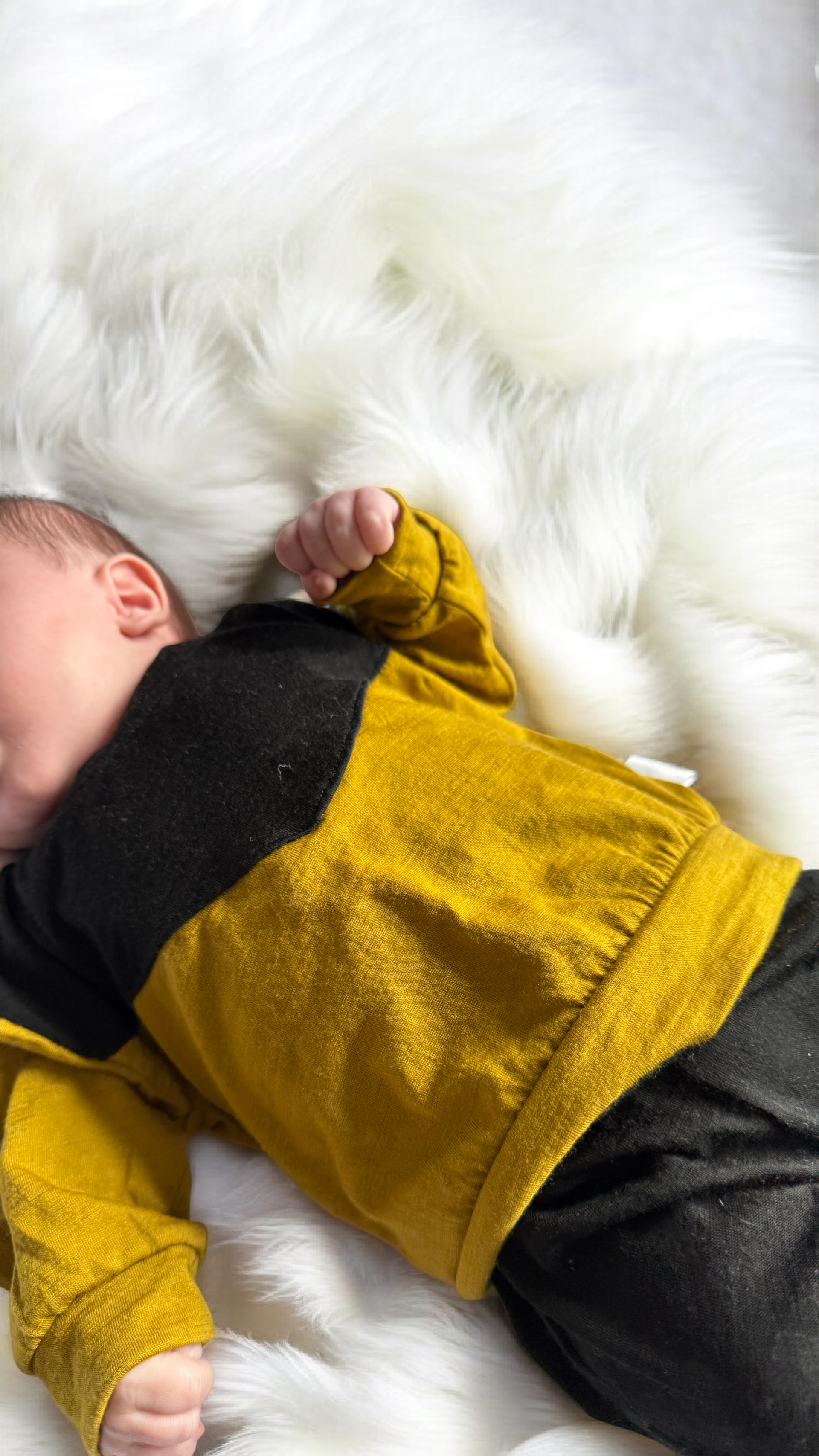 merino baby Riley Crew in black and lemongrass, worn by baby on white background.